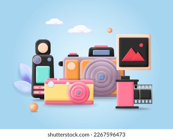 Cartel vectorial 3d de la colección de cámaras fotográficas digitales