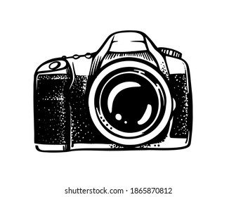 Digital photo camera drawn in sketch on white background. Retro hand photography hipster isolated doodle style. Suitable for print T-shirt, bag, mug
