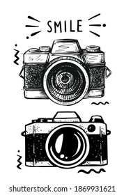 digital photo camera drawn in sketch on white background