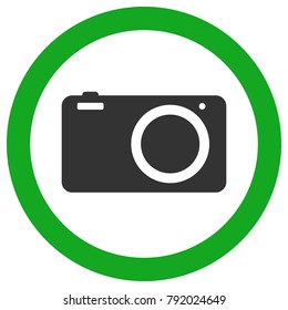 Digital photo camera in green circle. Vector icon.