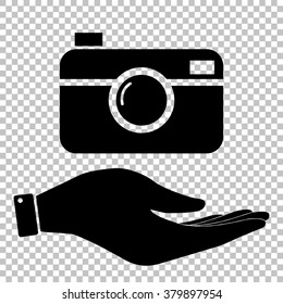 Digital photo camera icon. Save or protect symbol by hand