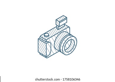 Digital photo camera isometric icon. 3d vector illustration. Isolated line art technical drawing. Editable stroke