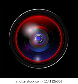 Digital photo camera lens on black background. Photography icon