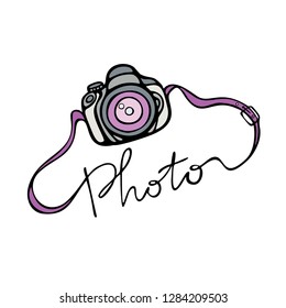 Digital photo camera with lettering - photo. Vector illustration. 