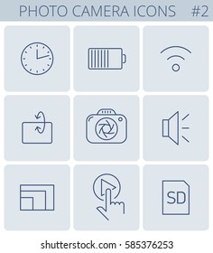 Digital photo camera outline icons: timer, wi-fi, battery, memory card, clock, turning display, sensor resolution. Vector thin line symbol and pictogram set. Infographic elements for web, networks.