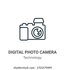 Digital photo camera outline vector icon. Thin line black digital photo camera icon, flat vector simple element illustration from editable technology concept isolated stroke on white background