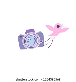 Digital photo camera with pink bird. Vector illustration. 