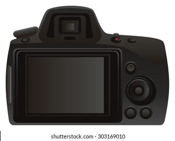 Digital photo camera rear view on white background.