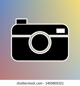 Digital photo camera sign. Black icon in white shell at pastel color background. Illustration.