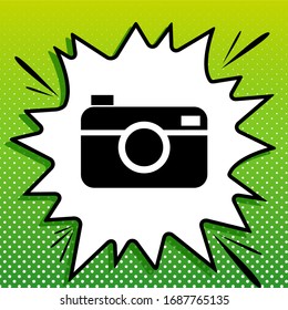 Digital photo camera sign. Black Icon on white popart Splash at green background with white spots. Illustration.