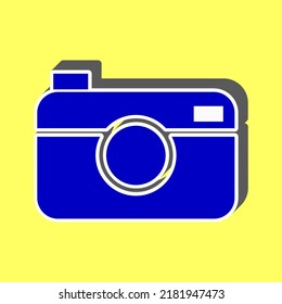 Digital photo camera sign. Blue Icon with white stroke in 3d at yellow Background. Illustration.