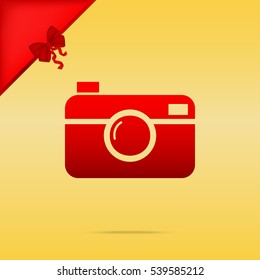 Digital photo camera sign. Cristmas design red icon on gold background.