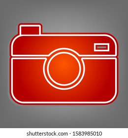 Digital photo camera sign. Flat red icon with linear white icon with gray shadow at grayish background. Illustration.