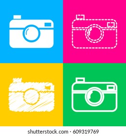 Digital photo camera sign. Four styles of icon on four color squares.