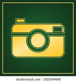 Digital photo camera sign. Golden icon with gold contour at dark green gridded white background. Illustration.