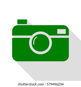 Digital photo camera sign. Green icon with flat style shadow path.