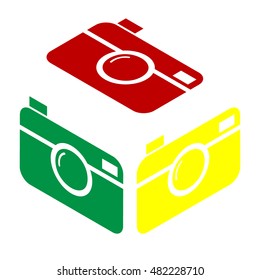 Digital photo camera sign. Isometric style of red, green and yellow icon.