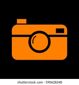 Digital photo camera sign. Orange icon on black background.