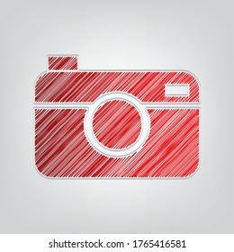 Digital photo camera sign. Red gradient scribble Icon with artistic contour gray String on light gray Background. Illustration.