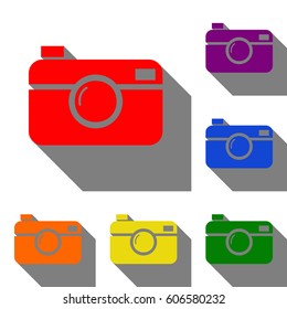 Digital photo camera sign. Set of red, orange, yellow, green, blue and violet icons at white background with flat shadow.