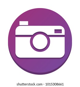 Digital photo camera sign. Vector. White icon with flat shadow on purpureus circle at white background. Isolated.