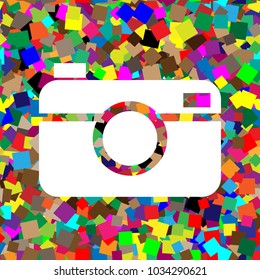 Digital photo camera sign. Vector. White icon on colorful background with seamless pattern from squares.