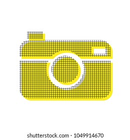 Digital photo camera sign. Vector. Yellow icon with square pattern duplicate at white background. Isolated.