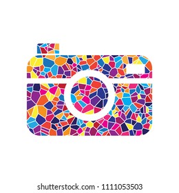 Digital photo camera sign. Vector. Stained glass icon on white background. Colorful polygons. Isolated.