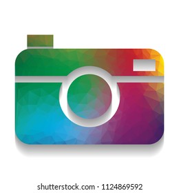 Digital photo camera sign. Vector. Colorful icon with bright texture of mosaic with soft shadow on white background. Isolated.