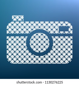 Digital photo camera sign. Vector. White textured icon at lapis lazuli gradient background.