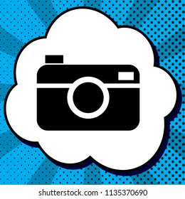 Digital photo camera sign. Vector. Black icon in bubble on blue pop-art background with rays.