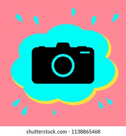 Digital photo camera sign. Vector. Black icon in a bubble on a pink background