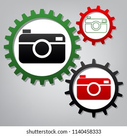 Digital photo camera sign. Vector. Three connected gears with icons at grayish background.