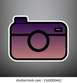 Digital photo camera sign. Vector. Violet gradient icon with black and white linear edges at gray background.