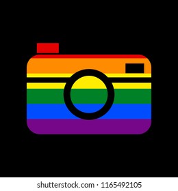 Digital photo camera sign. Vector. Icon with colors of LGBT flag at black background.