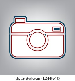 Digital photo camera sign. Vector. Dark red, transparent and midnight green stroke of white icon at grayish background.