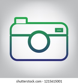 Digital photo camera sign. Vector. Green to blue gradient contour icon at grayish background with light in center.