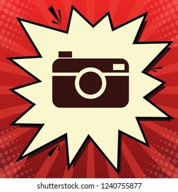 Digital photo camera sign. Vector. Dark red icon in lemon chiffon shutter bubble at red popart background with rays.