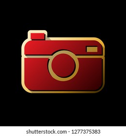 Digital photo camera sign. Vector. Red icon with small black and limitless shadows at golden sticker on black background.