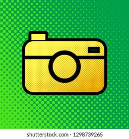 Digital photo camera sign. Vector. Pop art orange to yellow dots-gradient icon with black contour at greenish background.