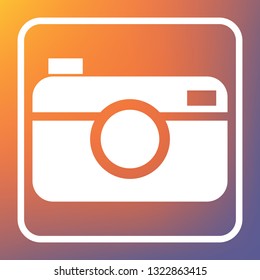 Digital photo camera sign. Vector. White icon on transparent button at orange-violet gradient background.