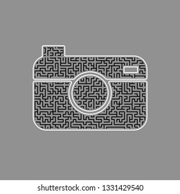 Digital photo camera sign. Vector. Black maze filled icon with white border at gray background.