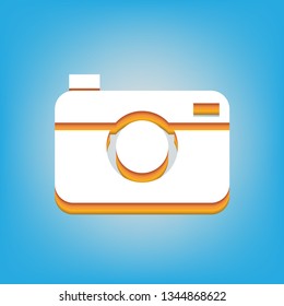 Digital photo camera sign. Vector. White icon with 3d warm-colored gradient body at sky blue background.