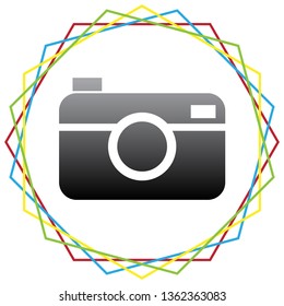 Digital photo camera sign. Vector. Black icon with patch of light inside colorful hexagonal frames at white background.