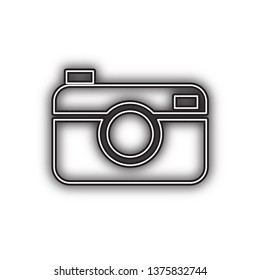 Digital photo camera sign. Vector. Double contour black icon with soft shadow at white background. Isolated.