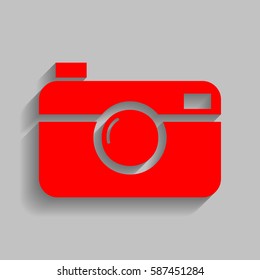 Digital photo camera sign. Vector. Red icon with soft shadow on gray background.