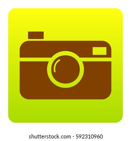 Digital photo camera sign. Vector. Brown icon at green-yellow gradient square with rounded corners on white background. Isolated.