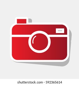 Digital photo camera sign. Vector. New year reddish icon with outside stroke and gray shadow on light gray background.