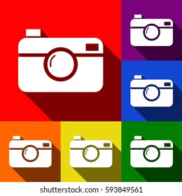 Digital photo camera sign. Vector. Set of icons with flat shadows at red, orange, yellow, green, blue and violet background.