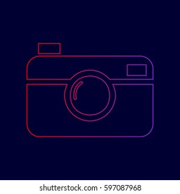 Digital photo camera sign. Vector. Line icon with gradient from red to violet colors on dark blue background.